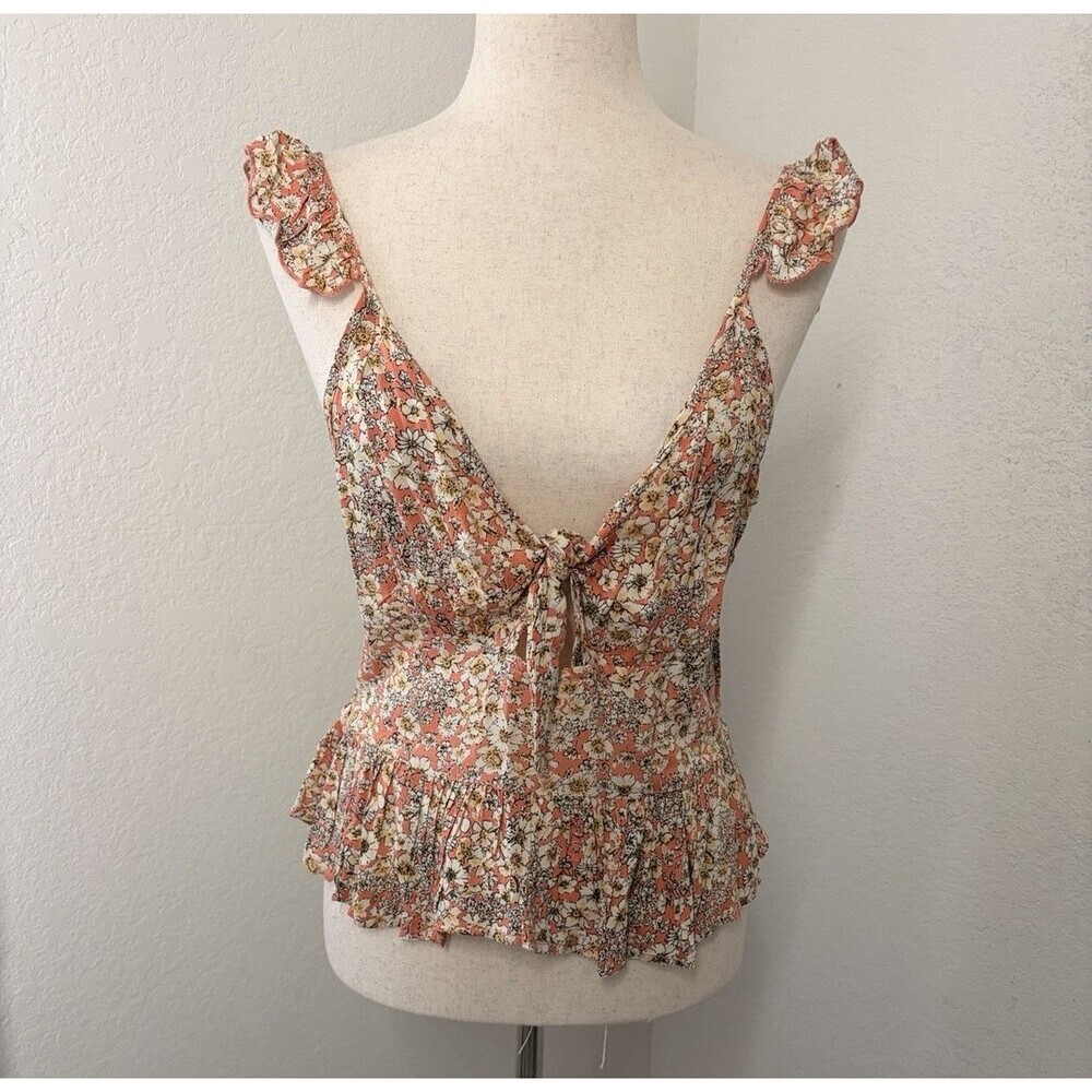 Patrons of Peace Womens L Floral Tie Front Peplum Tank Coral Boho Ruffle Top NWT